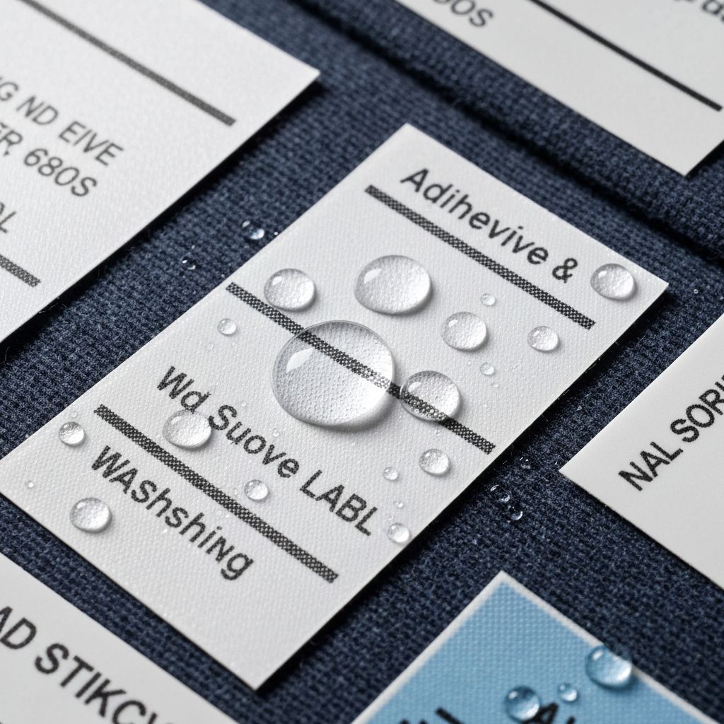 Close-up of wash-resistant self-adhesive labels on garments