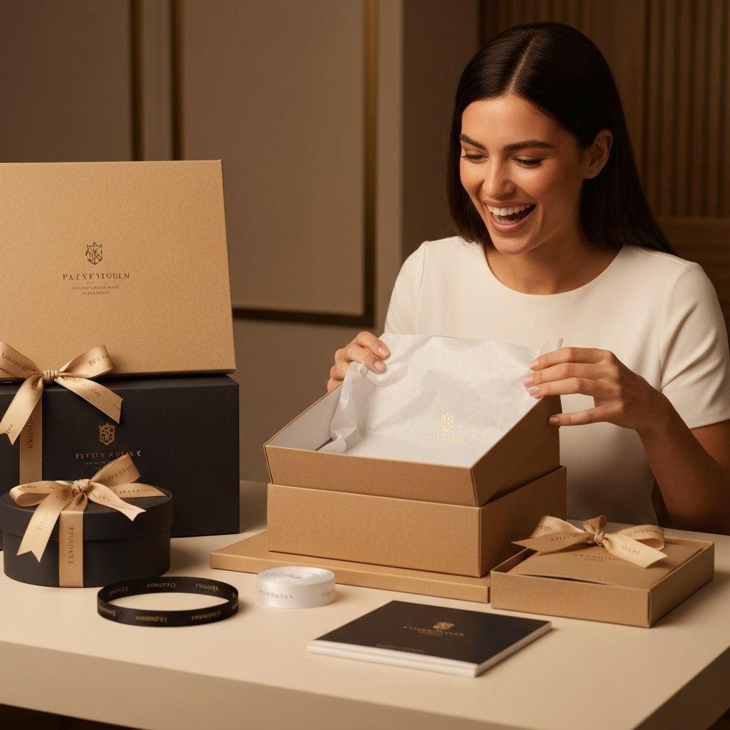 Premium garment packaging including gift boxes and branded shopping bags