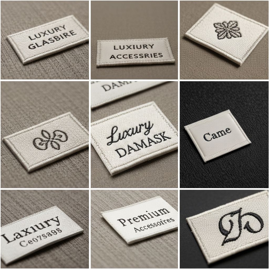 Various woven labels showcasing different weave types and materials
